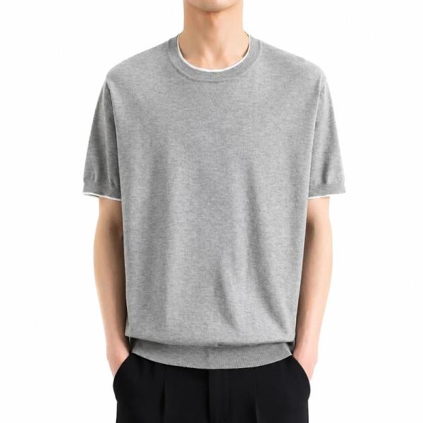 サマーニット メンズ カットソー 夏着 Tシャツ 半袖 重ね着風 フェイクレイヤード クルーネック ...