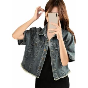 デニムジャケット レディース 半袖 ショート丈 切りっぱなし デニムシャツ 半袖ジャケット Gジャン クロップド丈 アウター ルーズ 薄手