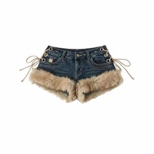デニムショートパンツ レディース ローライズ フェイクファー付き ホットパンツ 裾ファー ボトムス サイドレースアップ 美脚 脚長 ギャル