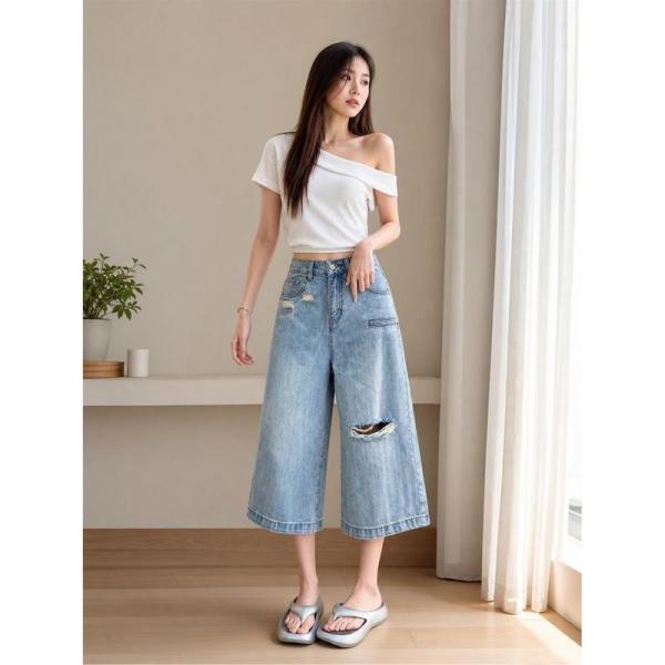 デニム ワイドパンツ レディース ガウチョパンツ 七分丈 ダメージ ジーンズ 涼しい ハイウエスト ...