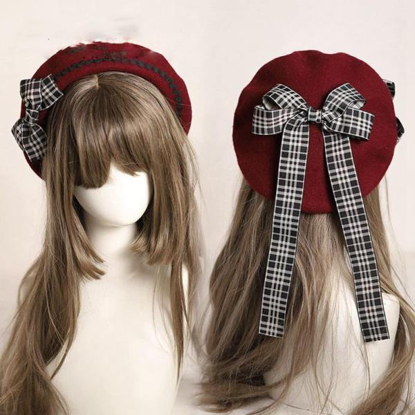 ベレー帽 帽子 ウール 長リボン 蝶結び 可愛い レディース 画家帽 ロリータ風 チェック 女の子 ...