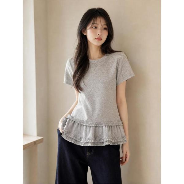 ペプラム Tシャツ レディース 半袖 裾フリル カットソー クルーネック 体型カバー 大人可愛い テ...