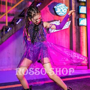 ダンス 衣装 キッズ 韓国 パープル ガールズ キラキラ スパンコール チア チアガール ジャズダンス  女の子 HIPHOP ステージ衣装 セットアップ