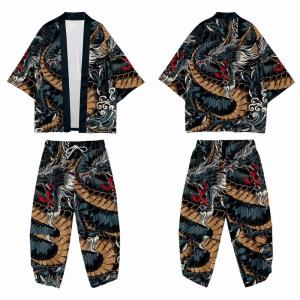 羽織 セットアップ メンズ 上下セット 和柄 着物カーディガン サルエルパンツ 九分丈 七分袖 甚平 部屋着 竜 虎 浮世絵 プリント
