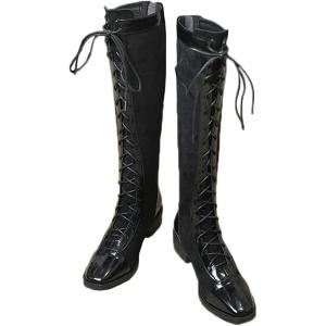 レディース ロングブーツ 編み上げブーツ 乗馬 ジョッキーブーツ 4.5cm 太ヒール 切り替え 異...