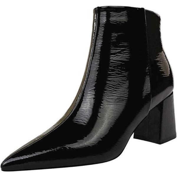 エナメルブーツ ショートブーツ レディース 太ヒール ブーティ チャンキーヒール ポインテッドトゥ ...