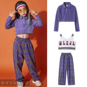 ロツソシヨツプ キッズダンス衣装 パープル 紫 チェック柄シャツ