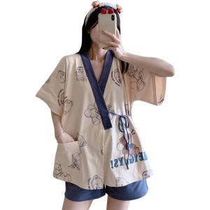 半袖 パジャマ レディース 和風 甚平 ルームウェア クマ柄プリント 夏 短パン 前開き 綿 薄手 涼しい 通気 吸汗速乾 家着 お揃い