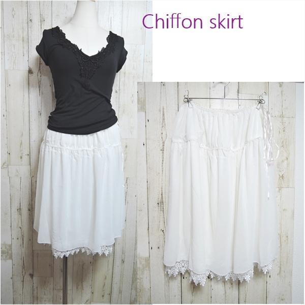 シフォンスカート フレアスカート ひざ丈 裏地付き ホワイト レース付き カジュアルスカート ウエス...