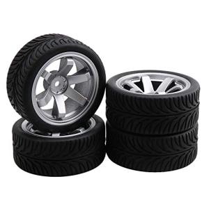 Mxfans 4個いれ シルバー プラスチック  6スポーク 電気メッキ ホイールリム＆ブラック 小麦パターン ゴムタイヤ RC1：10オンロー