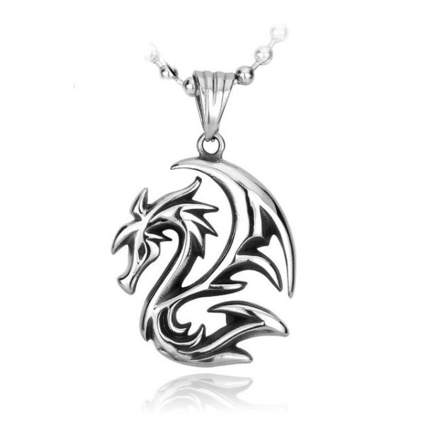 ネックレス ステンレス メンズ ペンダント ドラゴン 龍 竜 シャープ 細い 爬虫類 シンプル ユニ...