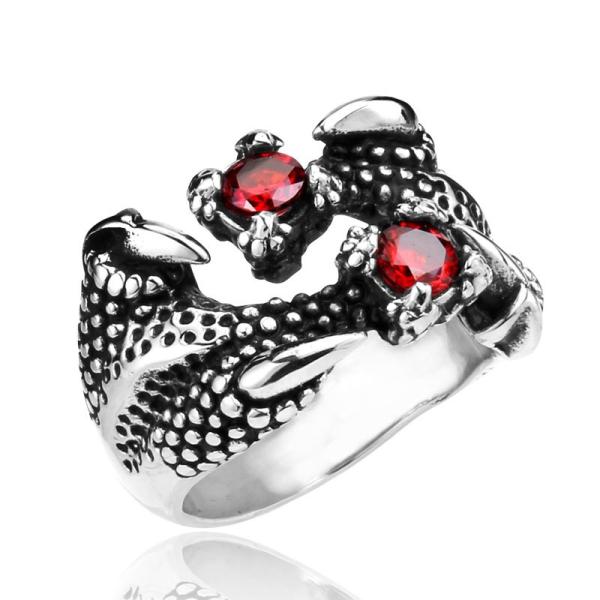 ドラゴンネイルレッドストーンリング 赤い石がポイントの爪リング 爬虫類 V系 シルバーリング 高品質...
