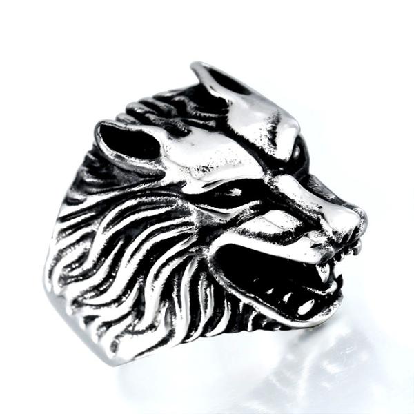 ウルフ リング 指輪 狼 オオカミ ステンレス かっこいい 大き目 犬 パンク V系 ロック メンズ...