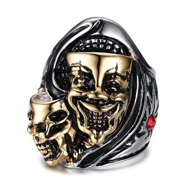 リング 指輪 メンズ ステンレス ピエロマスクリング 道化師 仮面 ユニークな装飾をあしらった存在感...