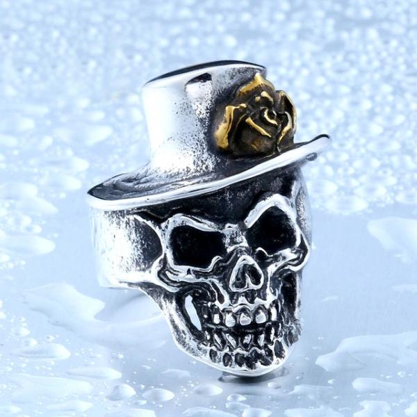 リング 指輪 メンズ ステンレス ローズハットスカルヘッドリング ドクロ 骸骨 薔薇 花 帽子 ゴシ...