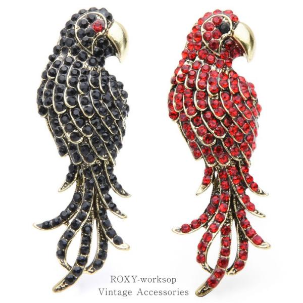 ブローチ 鳥 インコ オウム ワシ 鷲 黒 赤 ラインストーン レディース メンズ ユニセックス ア...