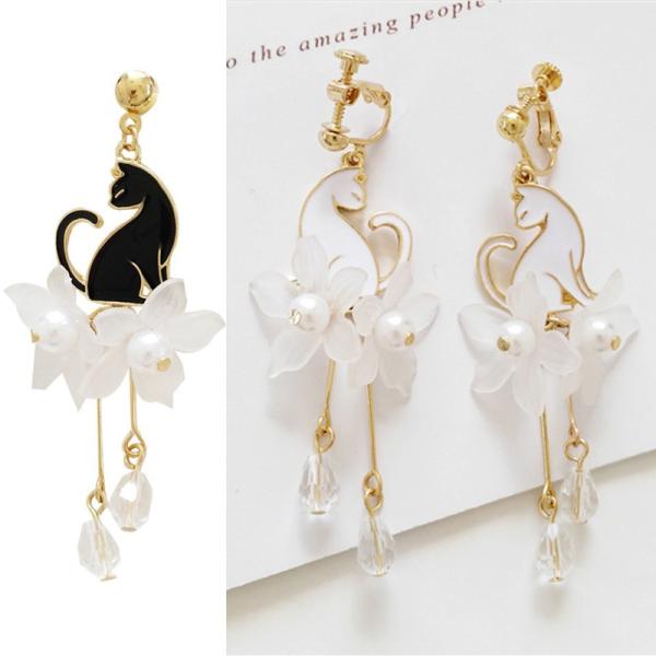イヤリング 猫 ねこ ネコ 大人 可愛い 和風 レディース 女性 エレガント 花 ストーン アクセ ...