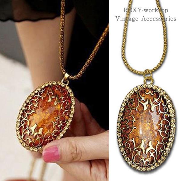 琥珀 ネックレス アンバー ペンダント エスニック アジアン チャイハネ チョーカー ロングチェーン...