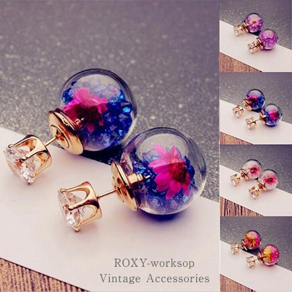 ドライフラワー ピアス 花 フラワー ラインストーン ガラスドーム ビーズ スノードーム 可愛い レ...