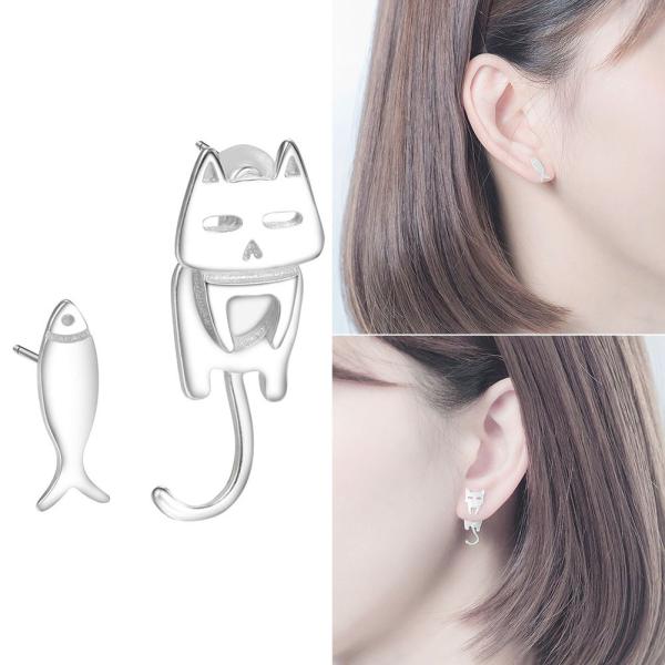 ピアス 猫 魚 ネコ フィッシュ アニマル レディース 子猫 流行 シルバー ギフト ドロップ 揺れ...