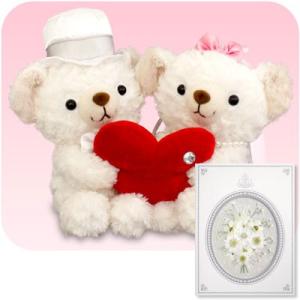 電報 ぬいぐるみ 結婚式 祝電 プレゼント ハートフルベア Mサイズ 押し花ホワイトブーケ