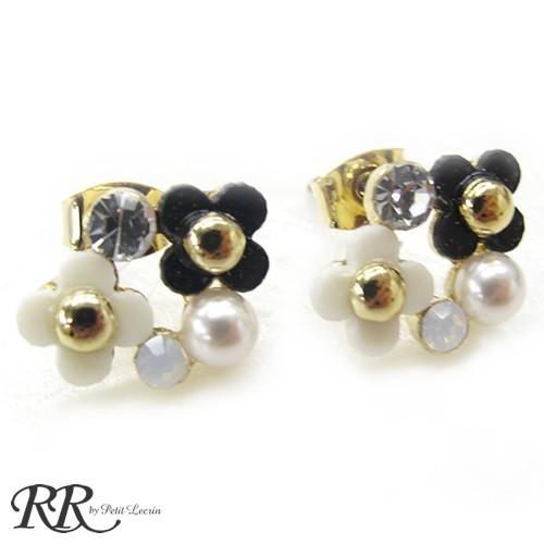 ピアス フラワー パール ストーン ピアス 白黒 モノトーン フラワー 贅沢 個性 ピアス お花 華...