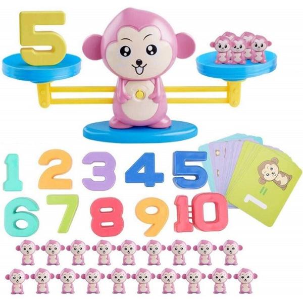 知育玩具 てんびん バランスゲーム 子供 おもちゃ（猿 ピンク）幼児 天秤 数字 重さ