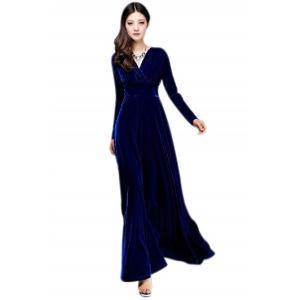 Vネック ベロア ハイウエスト ロング ドレス （青）マキシ丈 カシュクール ワンピース パーティー