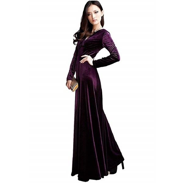Vネック ベロア ハイウエスト ロング ドレス （紫）マキシ丈 カシュクール ワンピース パーティー