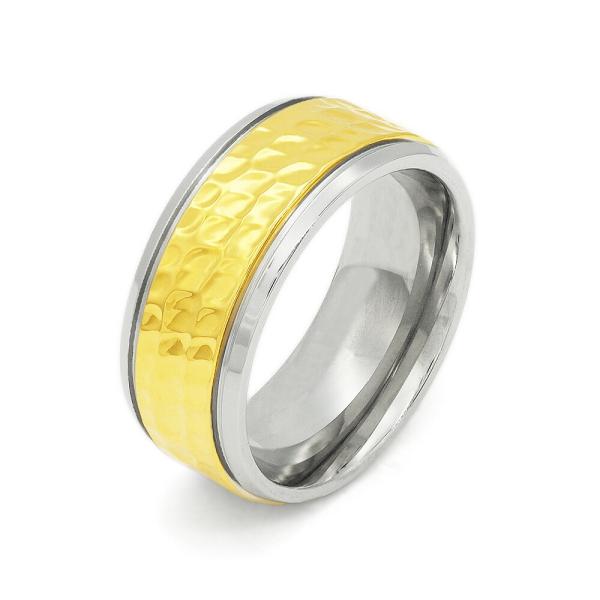 指輪 サージカルステンレス センターライン凹凸加工の段付きリング 幅8.0mm 金色 ハンマード加工