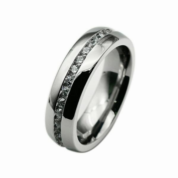 指輪 サージカルステンレス 一周ぐるりラインストーンのフルエタニティリング 幅6.0mm 銀色 クリ...