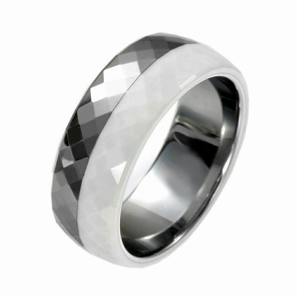 指輪 タングステン セラミック 2種類の素材で作られたミラーボールカットリング 幅7.5mm 銀色 ...