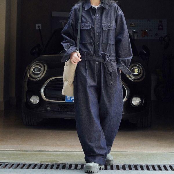 ジャンプスーツ つなぎ ワンピース デニム ウエストリボン ポケット カジュアル 韓国 オーバーシル...