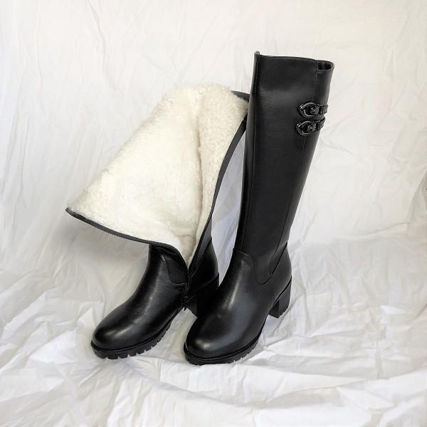 ロングブーツ 裏起毛 中ボア レザー ブラック エンジニアブーツ チャンキーヒール ローヒール サイ...