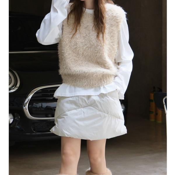 ベスト ボア ニット ラウンドネック ふわふわ ウール混 プルオーバー シンプル 軽やか シンプル