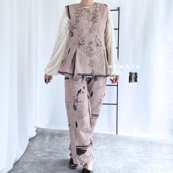 「商品大幅値下げ 在庫ある分だけ早い者勝ち」 セットアップ アート柄 ベスト パンツ タック ハイウ...