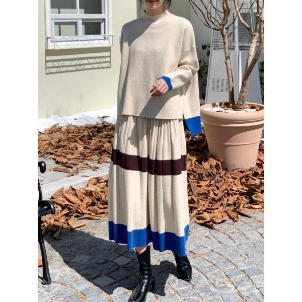 セットアップ ニット スカート プリーツ パイピング スリット
