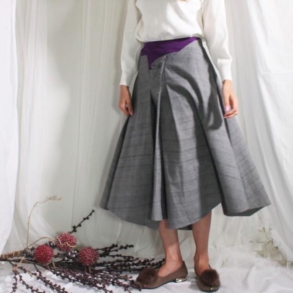 スカート orubiaオリジナル アシンメトリー フレア 切替 タック ボリューム グレンチェック