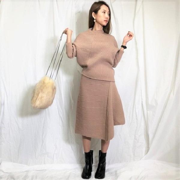 セットアップ リブニット ロングスリーブ アシンメトリー スカート ベージュ