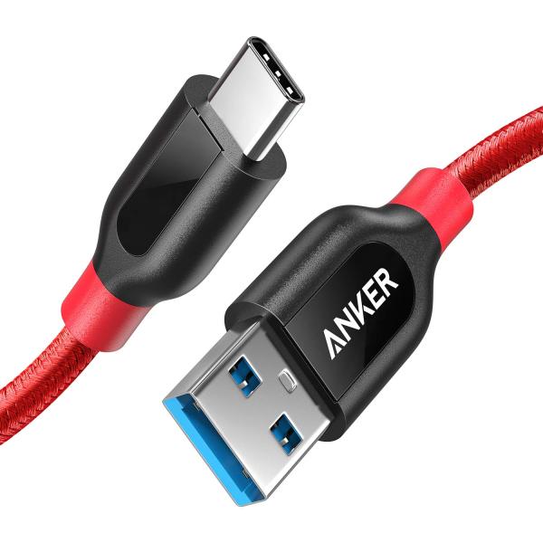 Anker PowerLine+ USB-C &amp; USB-A 3.0 ケーブル (0.9m レッド)...