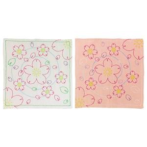 オリムパス製絲 花ふきんキット 刺し子 図案プリント済 水辺の桜 154
