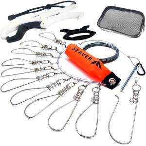 フックが取り外せるフロート付きストリンガー サビにくい バネ式フック 10個 ワイヤー 10m 黒 スペアフック 収納ケース フィッシュグリップ