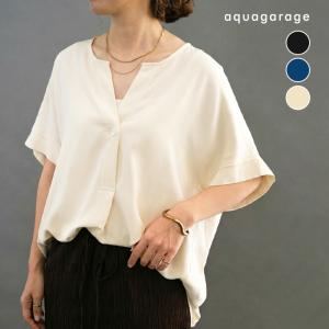 ノーカラースキッパーブラウス 半袖 レディース 春 夏  aquagarage アクアガレージ【ゆうメール便配送20代引不可】