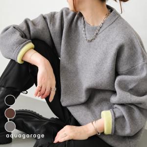 ニット レディース トップス 長袖 配色 秋冬 厚手 オーバーサイズ 大きめ ゆったり 暖かい 体型カバー ミドルゲージ カジュアル ちくちくしない プルオーバー