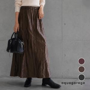 スカート レディース Aラインスカート フェイクレザー 秋冬 ロング丈 上品 おしゃれ カジュアル ワッシャー ギャザー ウエストゴム フレアスカート