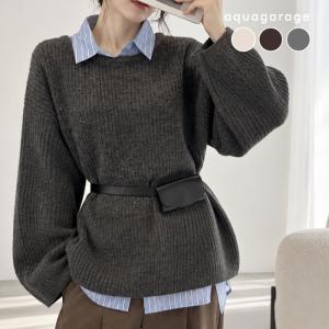 ニット レディース トップス 長袖 2way 秋冬 厚手 スリット レイヤード オーバーサイズ 大きめ ゆったり 畦編み 暖かい チクチクしない ミドルゲージ