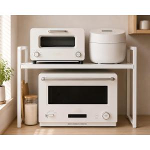 DAIWIN レンジ上ラック トースターラック レンジ置き台 伸縮式 幅36〜65cm 棚板高さ調節可 最大耐荷重50kg フック4個付き ホワイト