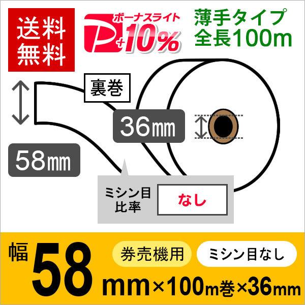 券売機用ロール紙 紙幅58mm×100m×36mm 裏巻 白紙 紙厚 65μ 薄手タイプ 12巻入 ...