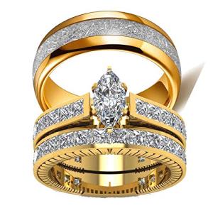 結婚指輪セット 2つのリング 彼と彼女のカップルリング 女性用 10k イエローゴールド充填 ホワイト CZ ウェディング エンゲー 【並行輸入】｜runsis-store