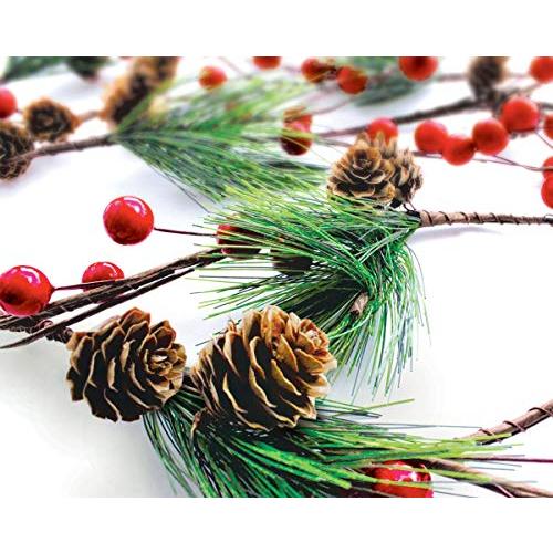 冬のガーランド クリスマスデコレーション レッドベリー、松ぼっくり常緑松の針 ? ライト無しホリデー...